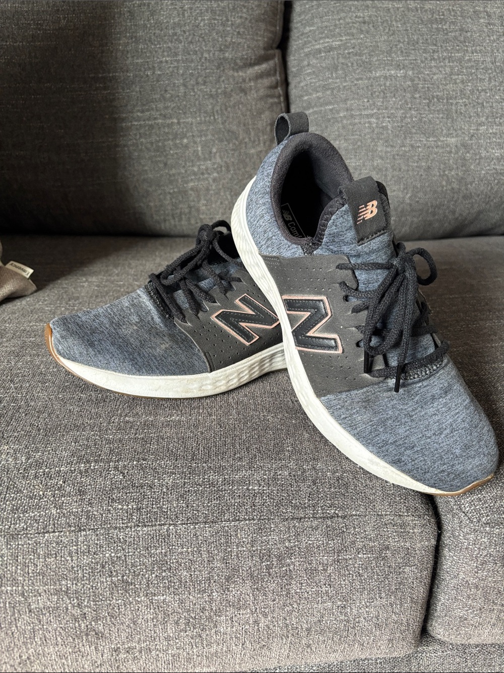 New Balance Gray & Black Knit Sneakers with Rose Accent